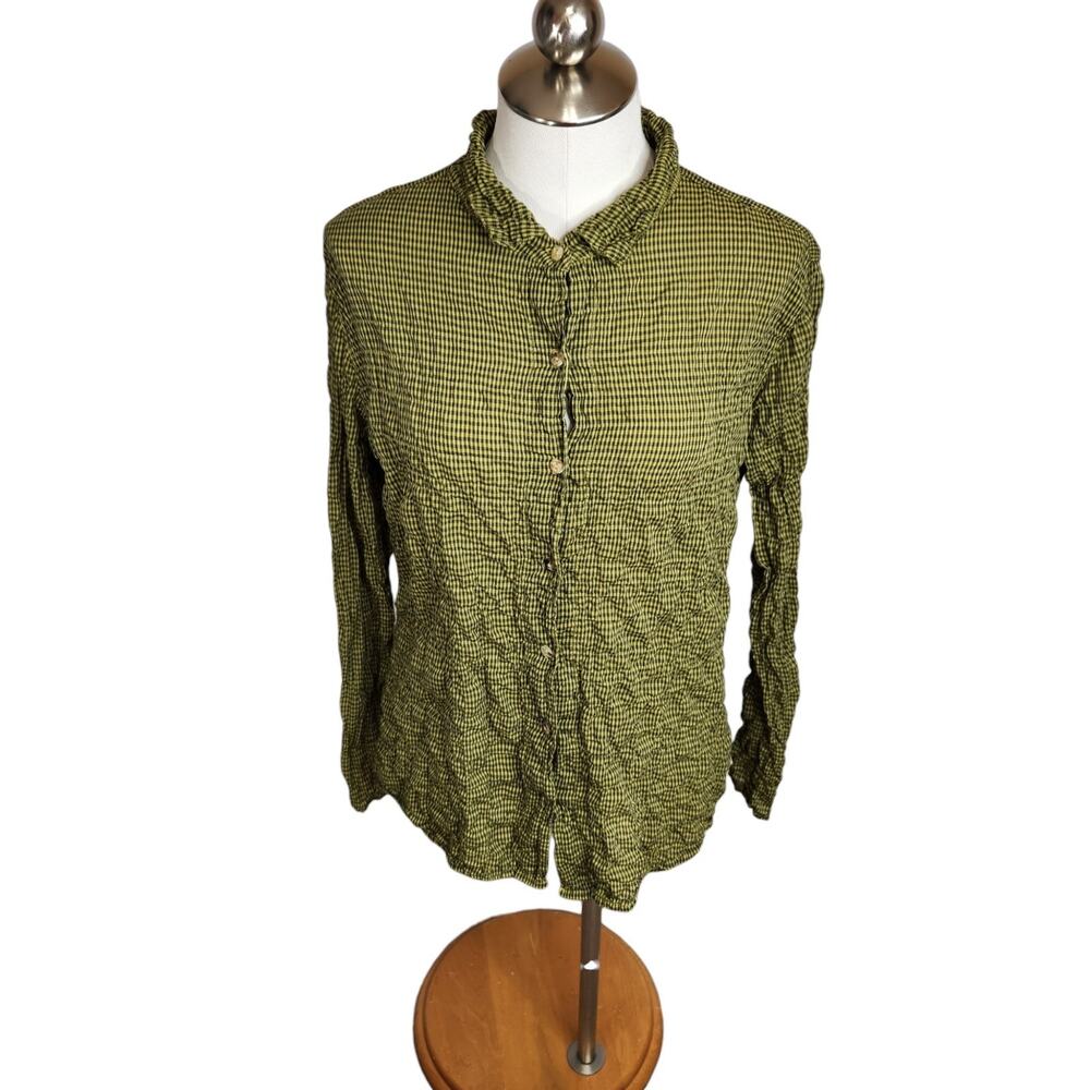 Cut Loose Womens Crinkle Collared Button Up Shirt Size Small Green Gingham Check